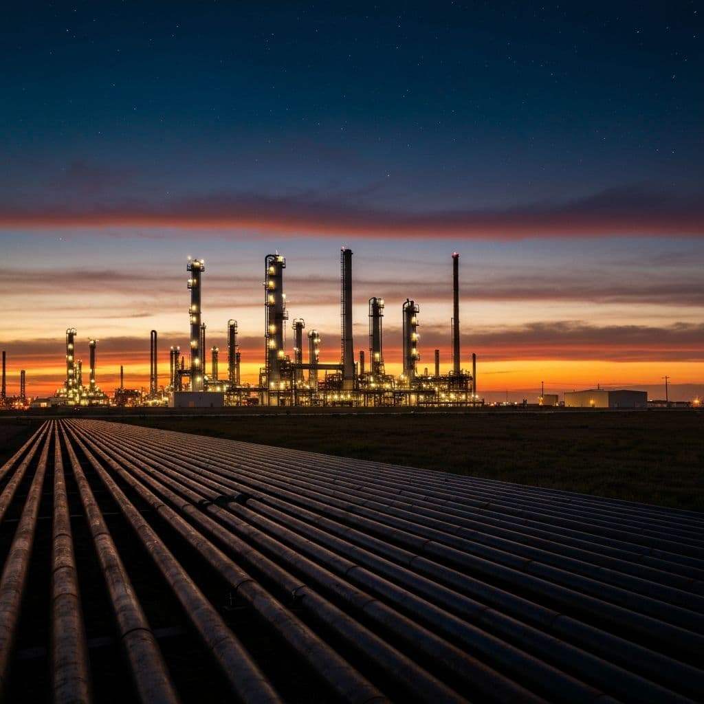 Texas industrial landscape at sunset with refineries and pipe yards under a starry sky